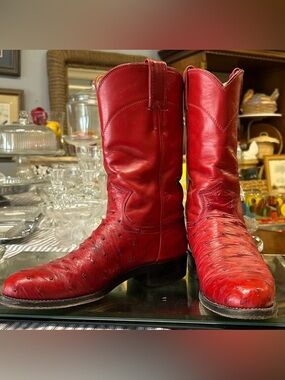 Justin Boots Red Ostrich-Textured Western Boots